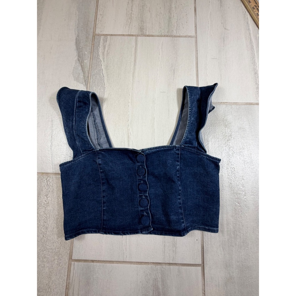 Free People Denim Ruffle Strap Crop Top Dark Wash Blue Smocked Back Small